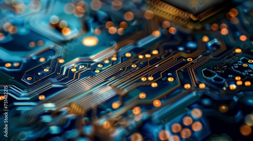 Close-up of a computer circuit board packed with colorful electronic components like microchips and capacitors photo