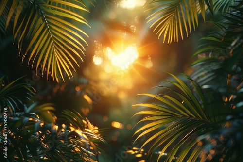 The setting sun casts a warm glow over the dense foliage of the rainforest, adding to its enchanting beauty.