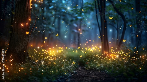 Mystical night in the woods, fireflies glowing like stars, casting a spell of beauty and awe. © tonstock