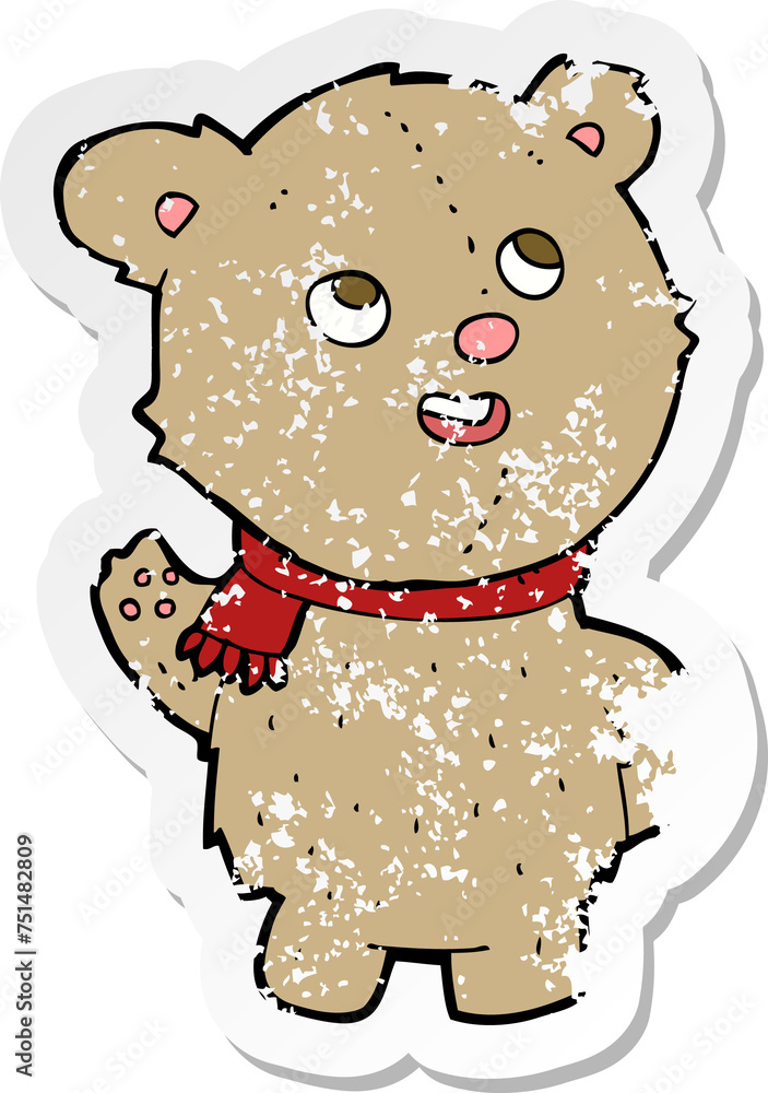 retro distressed sticker of a cartoon cute teddy bear with scarf retro distressed sticker of a cartoon cute teddy bear with scarf