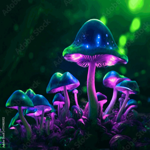 Hallucinogenic Sorcery Mushrooms. Sparkling Brilliant Neon Lights at the Woods