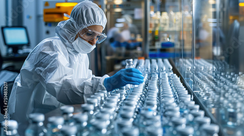 A laboratory assistant in a protective suit examines glass vials for vaccines. Medical glass vials. Close-up. Quality control