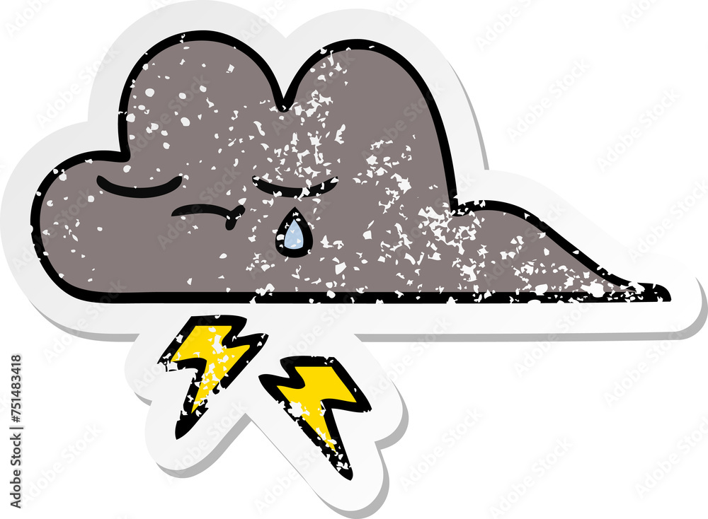 distressed sticker of a cute cartoon storm cloud distressed sticker of a cute cartoon storm cloud