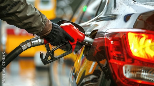 Pumping gas at gas pump. Closeup of man pumping gasoline fuel in car at gas station.