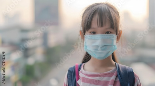 Portrait Asian children girl wear mask to protect PM 2.5 dust and air pollution. Portrait of Thai student wearing protection mask bad weather, concept of Corona virus quarantine © buraratn