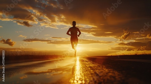 Silhouette of young man running sprinting on road. Fit runner fitness runner during outdoor workout with sunset background