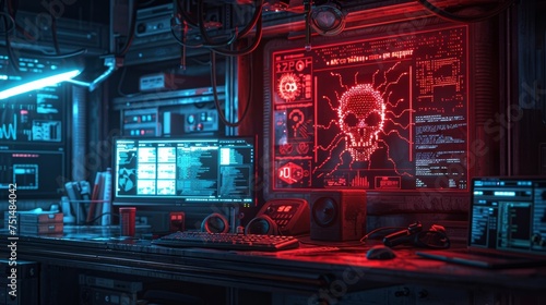A hacker s lair  lit only by the glow of a monitor displaying lines of blue code and a flashing red virus alert  surrounded by cyber security icons.