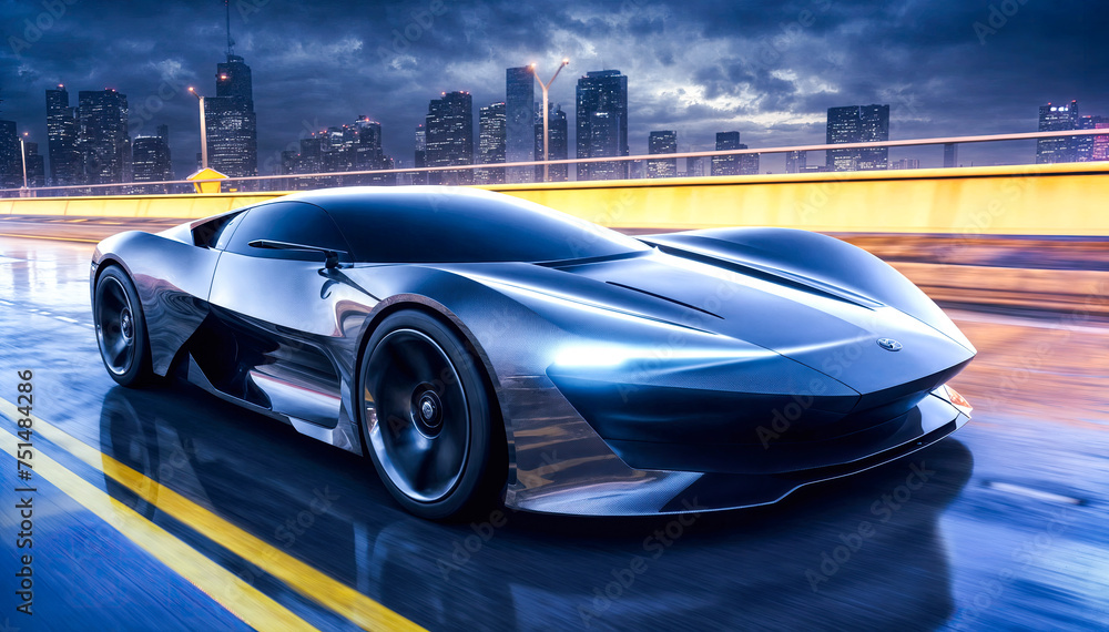 A sleek and powerful sports car races through the rain-soaked streets of a modern city