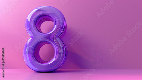 8, ocho, número escrito con el 8 violeta fondo lila claro liso, lado izquierdo, 3D, visto de frente, acabado entre metálico y plástico, tornasolado, ajustar colores, legitimidad, cartel causa mujer photo