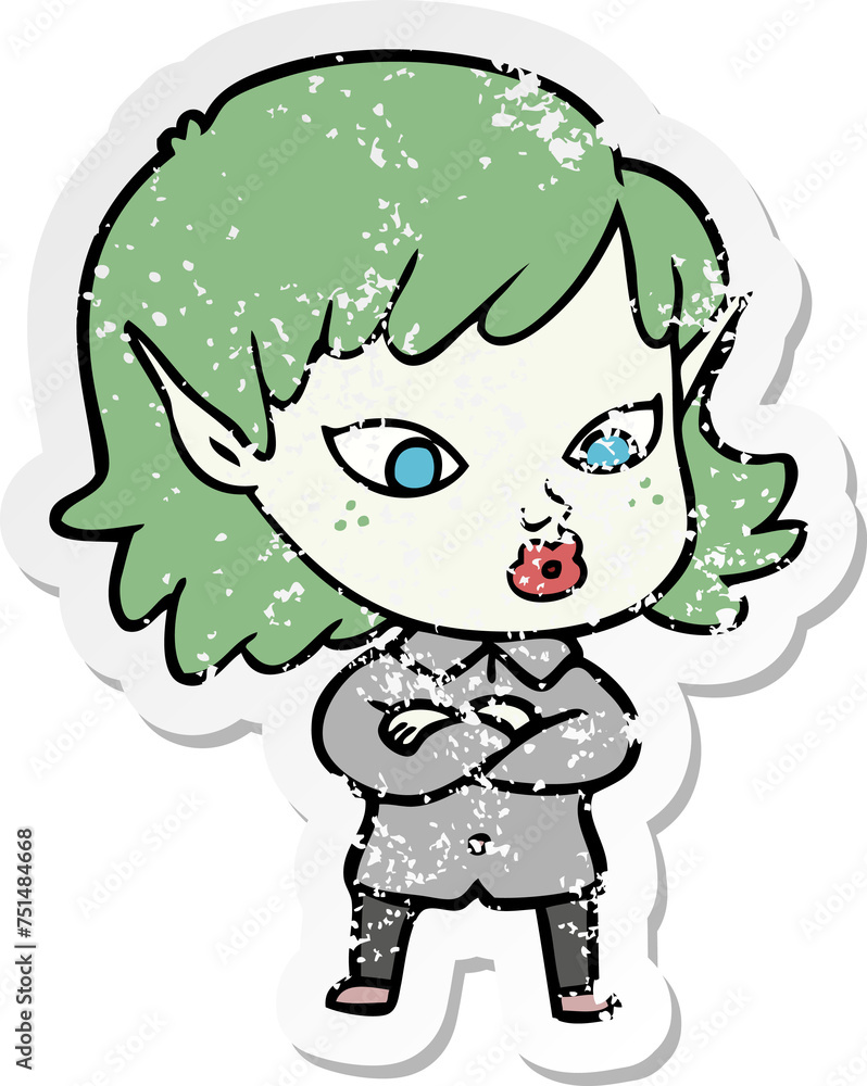distressed sticker of a pretty cartoon elf girl distressed sticker of a pretty cartoon elf girl