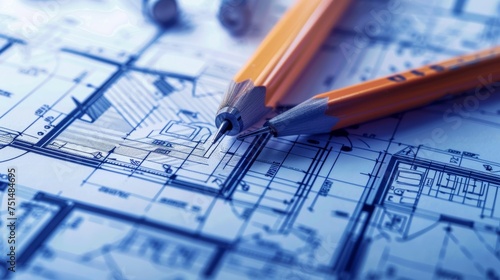 A close-up image of a pen and pencil lying on top of a blueprint. The blueprint shows architectural plans with dimensions and labels. photo