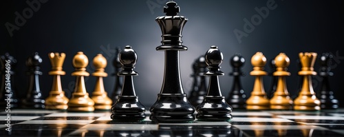 Black king winner surrounded with black gold chess pieces on chess board game competition. concept strategy  leadership and success business