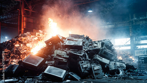 A large pile of electronic waste is on fire in a junkyard The fire is sending up thick plumes of smoke
