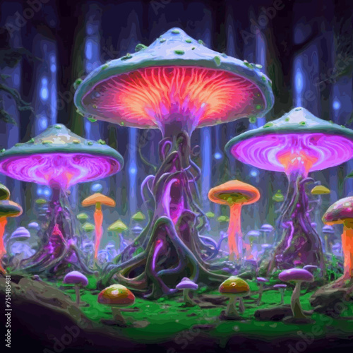 Hallucinogenic Sorcery Mushrooms. Sparkling Brilliant Neon Lights at the Woods