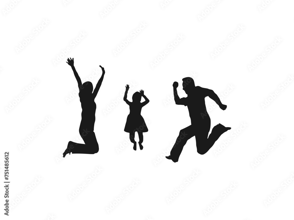 Happy family jumping silhouettes. Silhouette of parents and children. Happy jumping, people friends, holding hands silhouette. Man and woman isolated. family jumping on a white background. Happy family jumping silhouettes. Silhouette of parents and children. Happy jumping, people friends, holding hands silhouette. Man and woman isolated. family jumping on a white background.