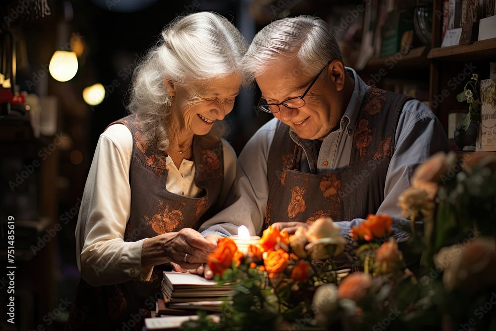 Smiling senior couple reading books together