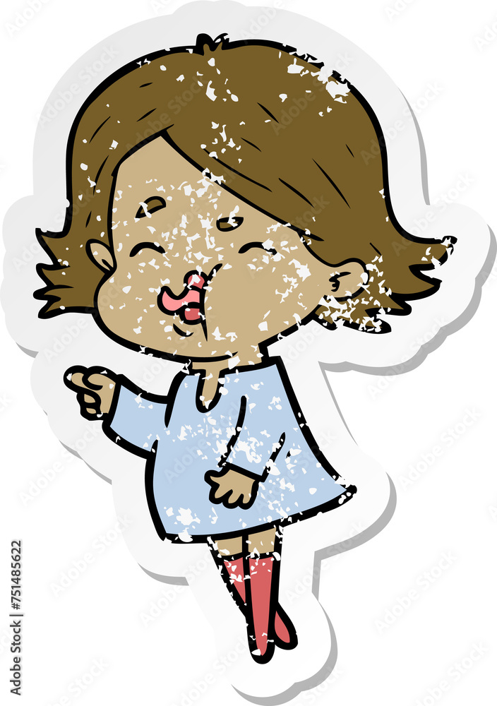distressed sticker of a cartoon girl pulling face distressed sticker of a cartoon girl pulling face