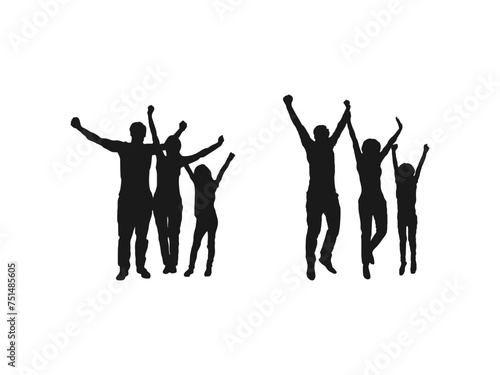 Couple of woman and man silhouettes jumping. Silhouette of parents and children. Vector silhouettes of a family, man, woman, child, jump. Vector silhouette of a family jumping on a white background.