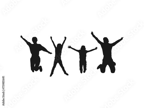 Couple of woman and man silhouettes jumping. Silhouette of parents and children. Happy jumping, people friends, holding hands silhouette. Man and woman isolated. family jumping on a white background.