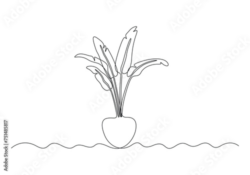 Continuous one line drawing of house plant in pot. Beautiful home flower in simple linear style vector illustration