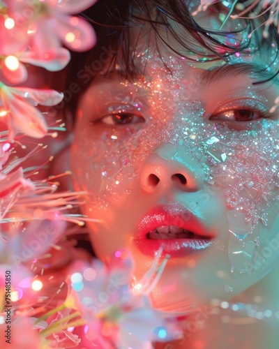 Intimate close-up shot of a woman's face adorned with glitter and surrounded by soft lights, creating a dreamy and ethereal atmosphere