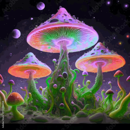 Hallucinogenic Sorcery Mushrooms. Sparkling Brilliant Neon Lights at the Woods