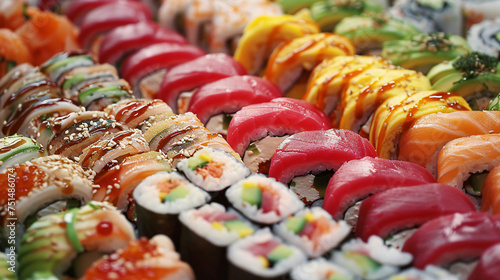 Colorful array of sushi rolls