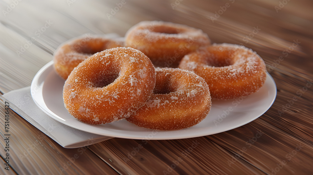 Close-up of delicious cinnamon sugar doughnuts on a white plate with a warm wooden background Close-up of delicious cinnamon sugar doughnuts on a white plate with a warm wooden background