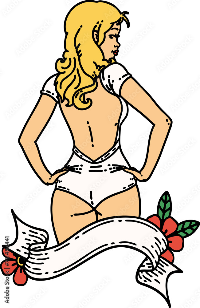 traditional tattoo of a pinup swim suit girl with banner traditional tattoo of a pinup swim suit girl with banner