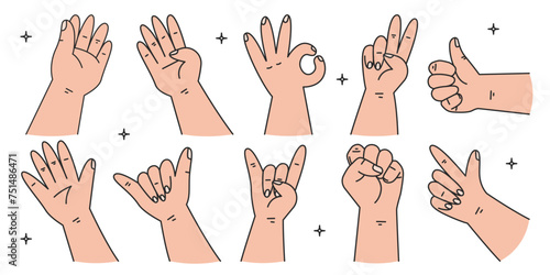 Conjunto de manos en estilo garabato manos humanas aisladas. Vector diferentes posiciones de las manos.