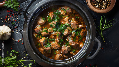 Savory beef stew in cast iron pot photo