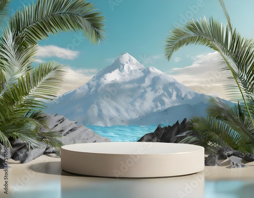 Empty space podium stage with white floor nature decoration and mountain ocean view 3d image render