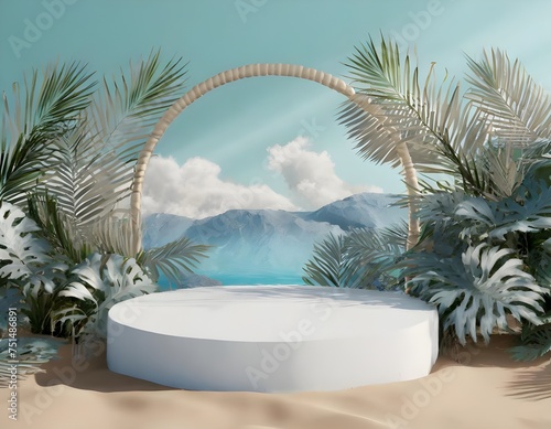 Empty space podium stage with white floor nature decoration and mountain ocean view 3d image render
