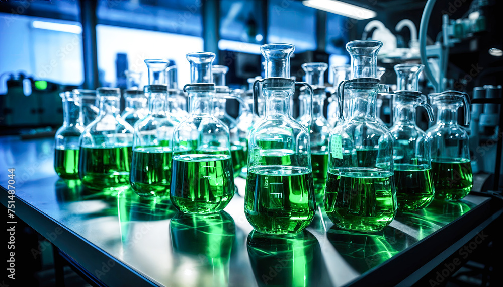 A group of round bottom flasks filled with a green liquid sit on a lab bench A group of round bottom flasks filled with a green liquid sit on a lab bench
