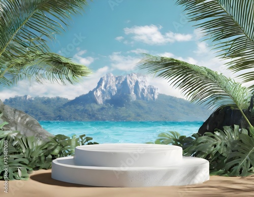 Empty space podium stage with white floor nature decoration and mountain ocean view 3d image render
