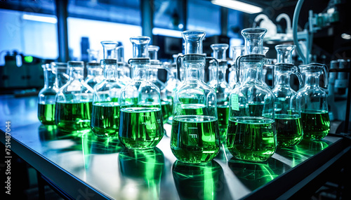 A group of round bottom flasks filled with a green liquid sit on a lab bench