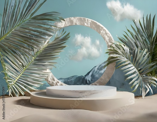 Empty space podium stage with white floor nature decoration and mountain ocean view 3d image render