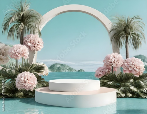 Empty space podium stage with white floor nature decoration and mountain ocean view 3d image render