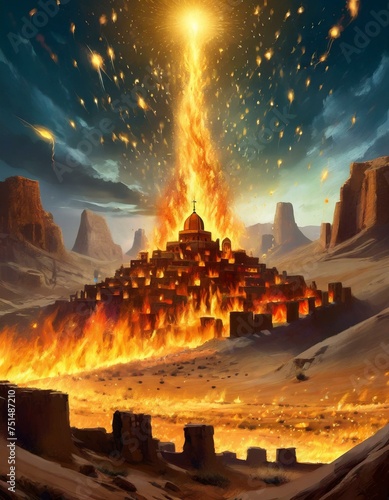 Sodom and Gomorrah Burning. Story in Genesis in the Bible. God Burns Sodom. photo