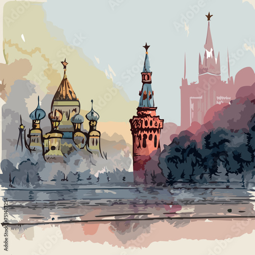 Moscow landscape, temple and Kremlin. 