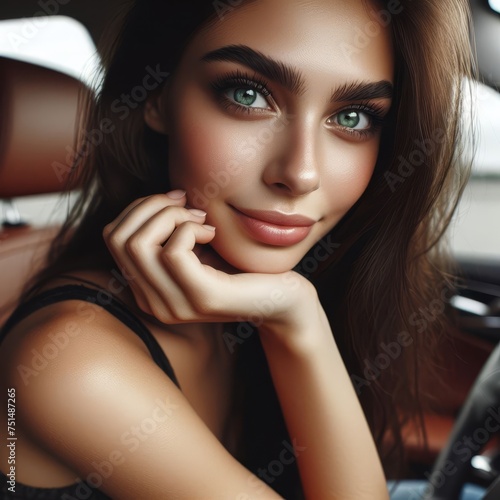 Close-up of a beautiful woman in a car