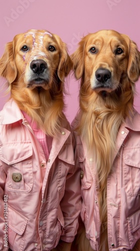 Two golden retrievers in matching pink jackets giving a sense of friendship and loyalty