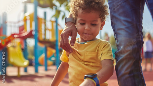 A parent tracking their child's location and well-being through a kid-friendly wearable device, set in a vibrant playground scene, wearable technology, with copy space