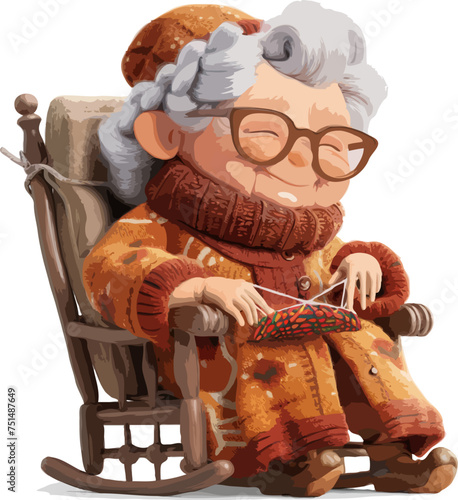 Elderly Woman Knitting on a Rocking Chair vector illustration grandmother