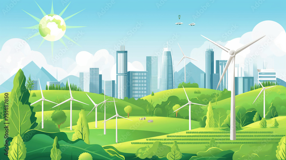 Ecology and Eco Green Energy Concept Vector Illustration Sustainable Eco Friendly and Alternative Clean Energy and Healthy Lifestyle Concept Vector City Landscape Banner Isolated Design Elements. 