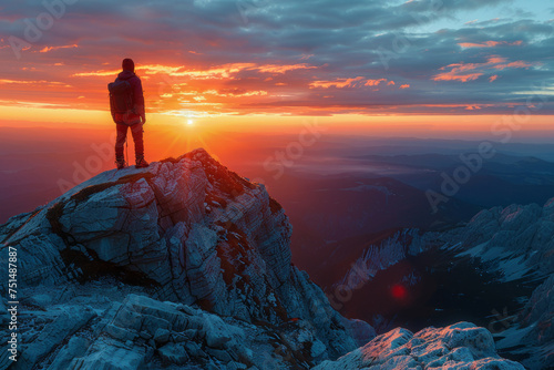 A man on top of a mountain with the sun setting behind him. Generative Ai