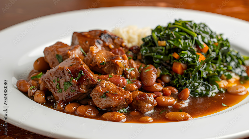 Savory pork stew with beans and spinach on plate Savory pork stew with beans and spinach on plate