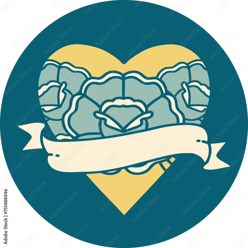 Obraz premium tattoo style icon of a heart and banner with flowers