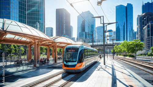 modern tram in futuristic city advance train open air train station