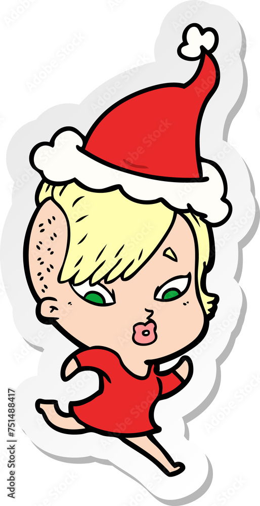 sticker cartoon of a surprised girl wearing santa hat